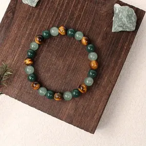 Green Aventurine, Moss Agate and Tiger's Eye Bracelet, Stretch Bracelet, Genuine Crystal Bracelet, Beaded Elastic Bracelet  Luck Bracelet Bracelet Gifts for Women Men Wealth Attraction Spiritual Jewelry Luck, Courage, Money