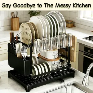 2-Tier Large Dish Drying Rack For Kitchen Counter,Detachable Large Capacity Dish Drainer Organizer With Utensil Holder,Dish Drying Rack With Drain Board,Black