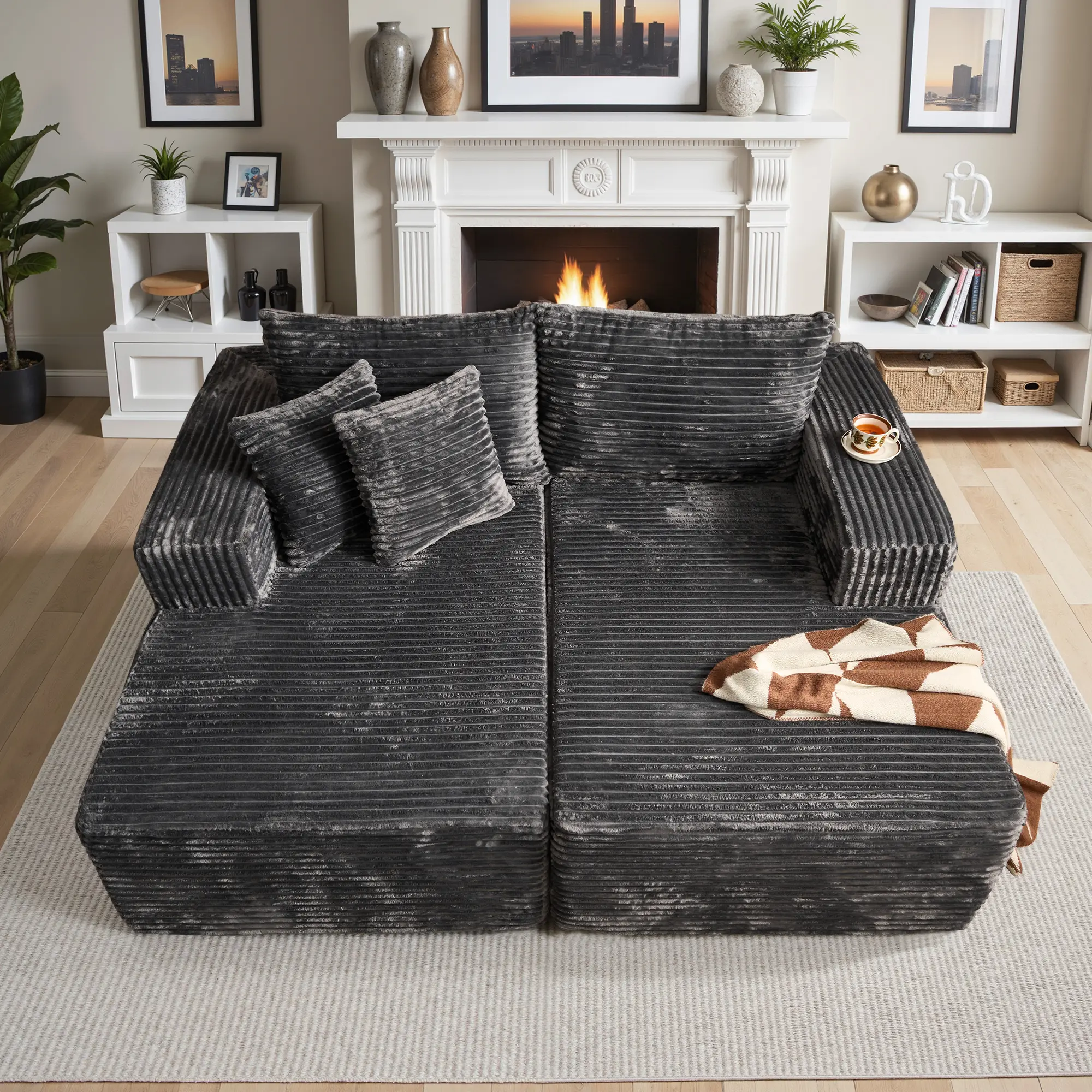 Weaxty 75" Large Sectional Couch Double Lounge Chaise with Cloud Plush Sofa Bed, No Assembly Required, Fluffy Modern Sleeper Loveseat Chair for Indoor Living Room Bedroom Reading【2 packages Delivery】