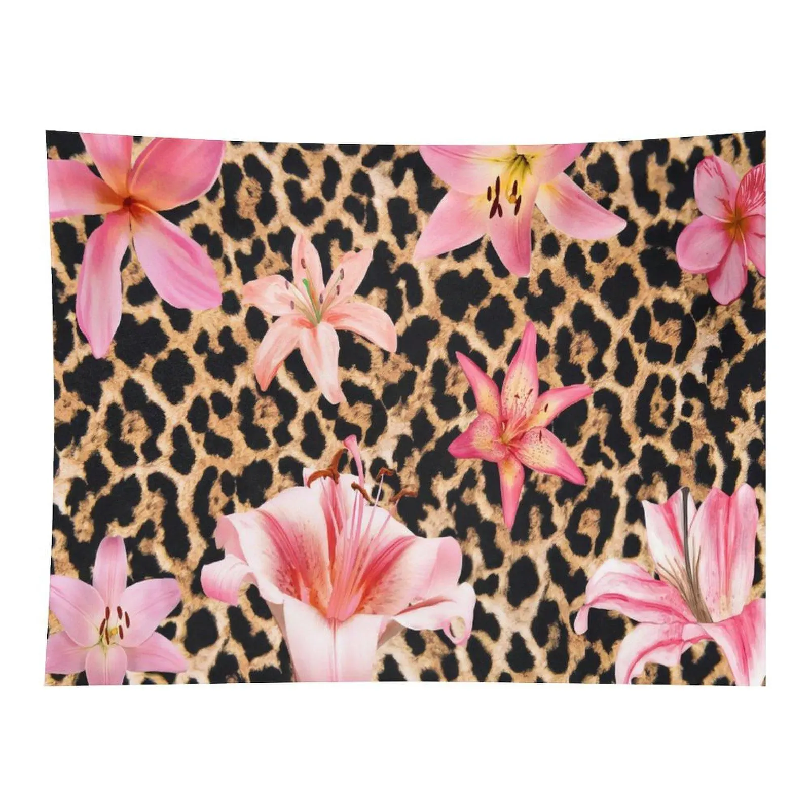 Classic Leopard Print Large Pink Lily Flower Seamless Wall Tapestry Wall Hanging, Wild Tropical Floral Animal Print Trendy Decor for Teen Bedroom Dorm Coquette Party Backdrop, Room Decor, Wall Decor