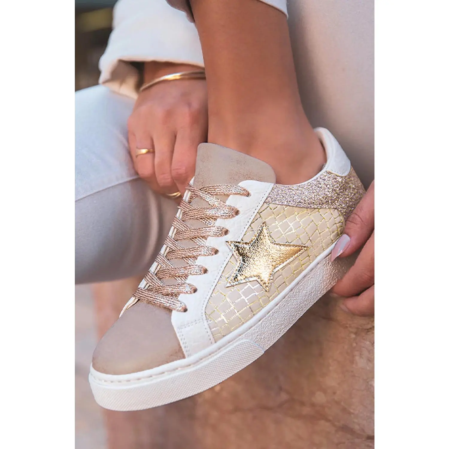 Men's Glitter Star Patchwork Leather Lace-up Casual Trainers, Stylish Footwear for Everyday Wear