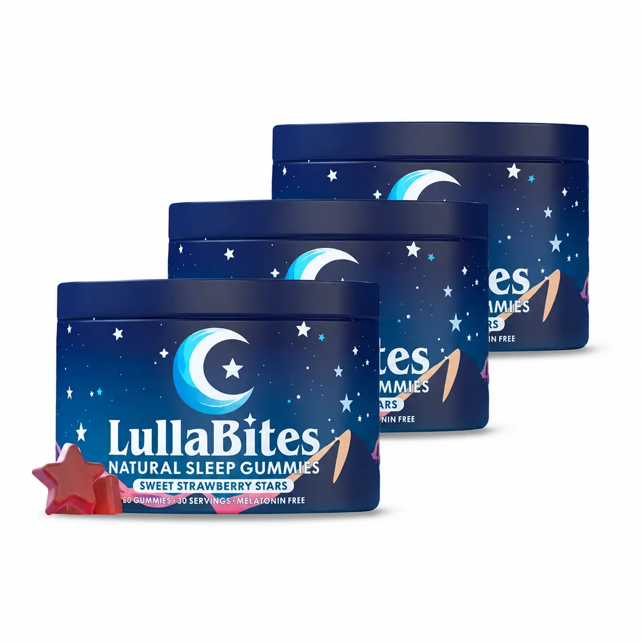 3Bottles LullaBites Natural Sleep Gummies - 30 Servings -Sweet Strawberry Stars (Melatonin Free)