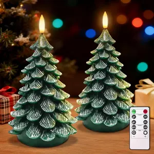 Christmas Tree Flameless Candles,10-Key Remote and Timer, Real Wax  Operated  Wick LED Flickering Candles Realistic Christmas Tree for Christmas Holiday Indoor Dinner Decor, 2 Packs