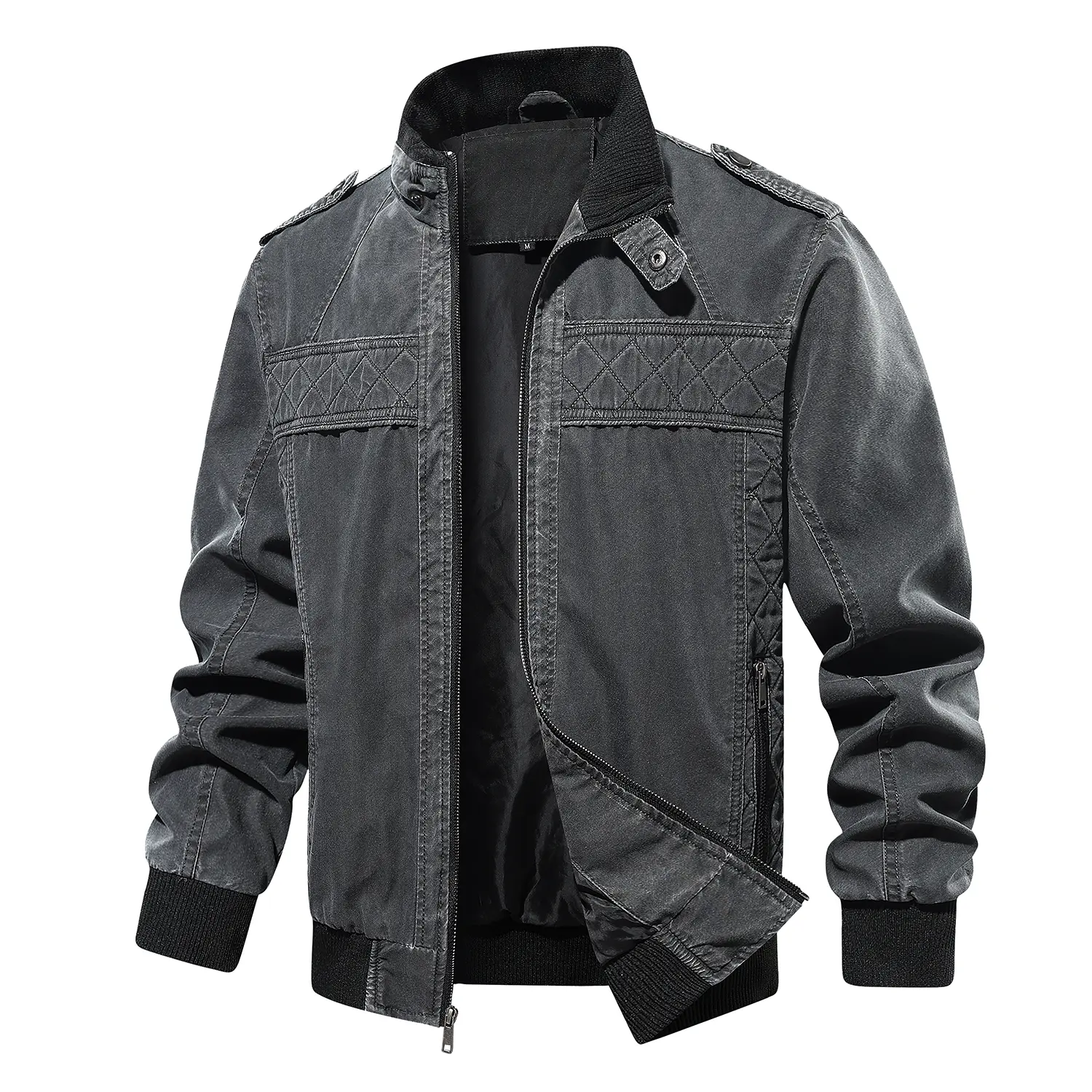 Men's Vintage Washed Military Bomber Jacket, Full Zip Stand Collar Outerwear with Quilted Chest Panels and Zipper Pockets for Fall Wear