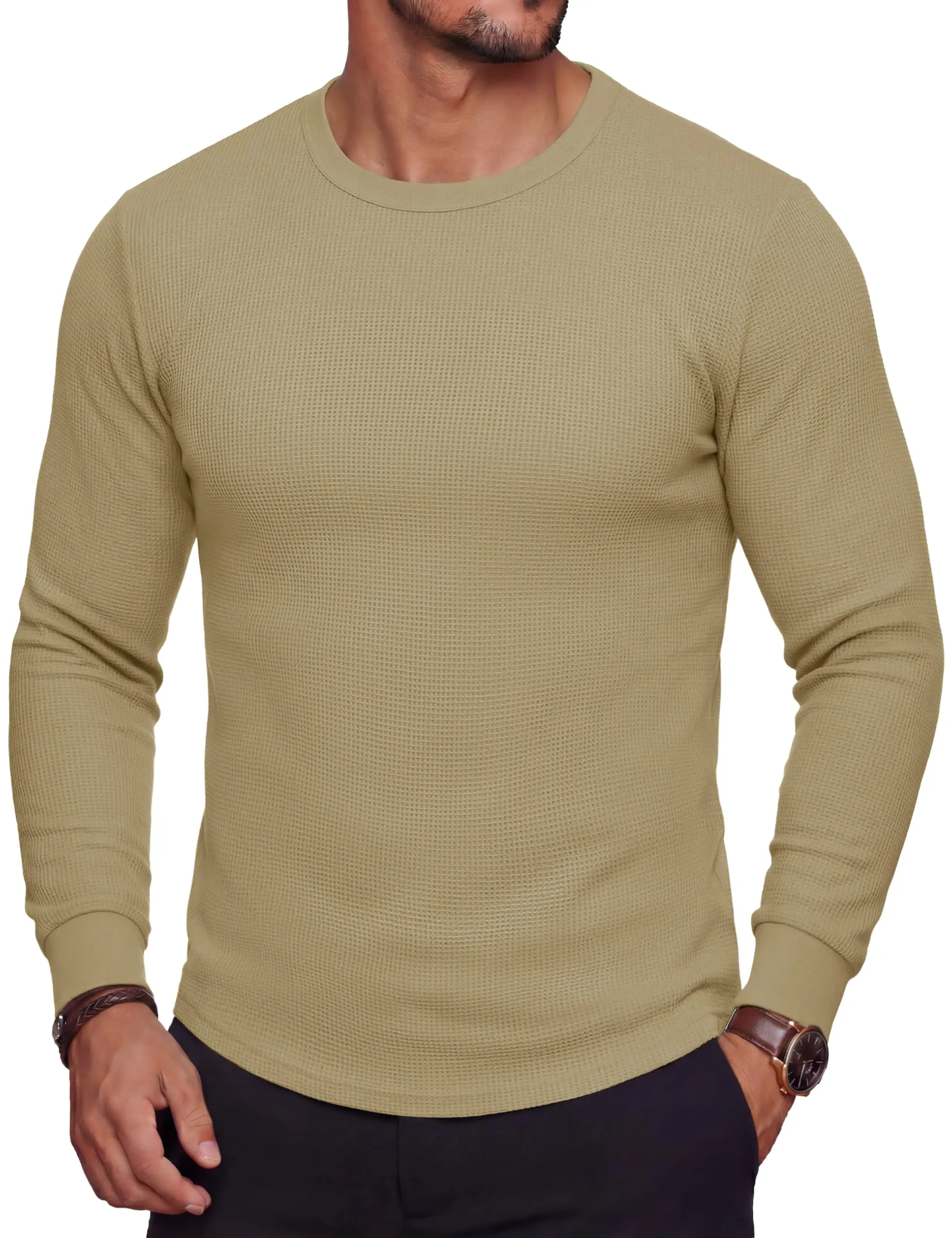 Men's Knit Waffle Thermal Long-Sleeve Base Layer Top, Plain Classic Casual Hemmed Cold Weather Sports Undershirt, Cotton