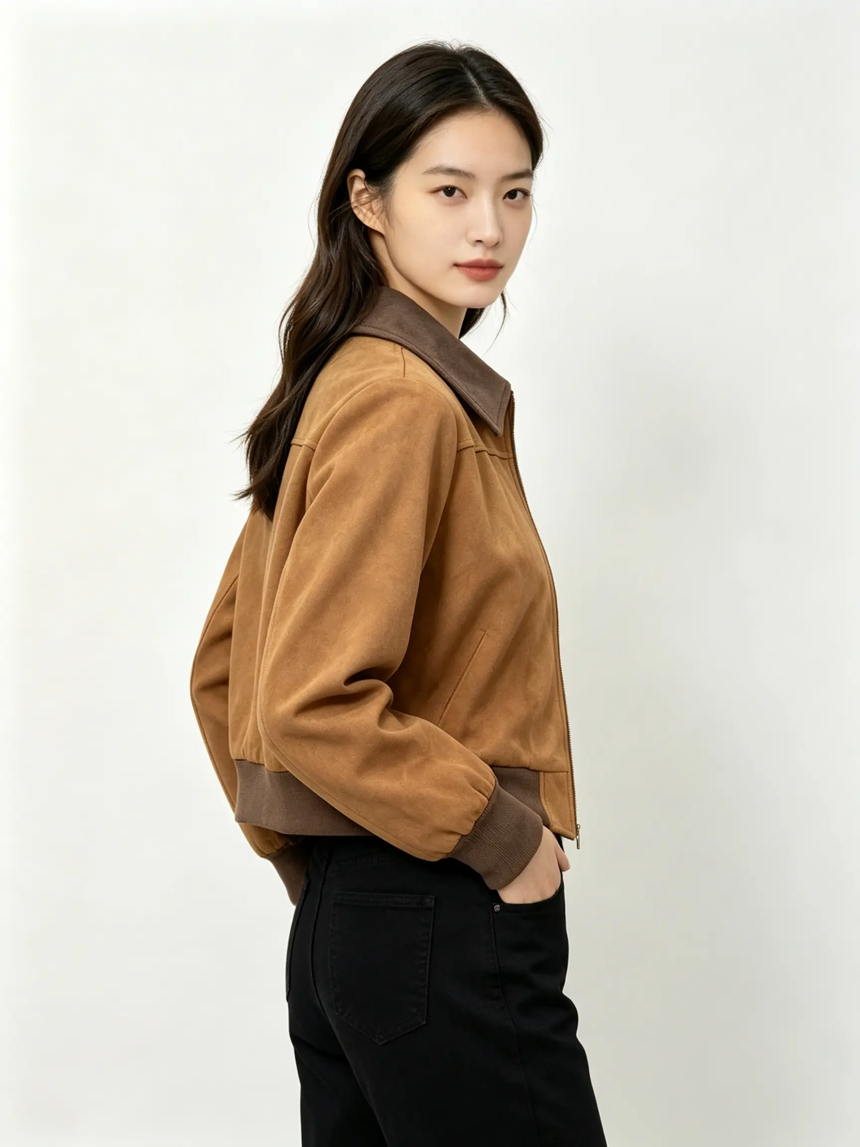 American vintage color-blocked short jacket with a turn-down collar; Maillard high-waisted slimming aviator jacket