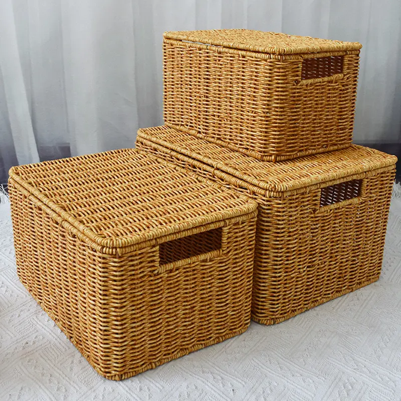 Woven Rattan Storage Basket, Baskets for Organizing, Hamper with Lid, 1 Count Multi-size Clothes & Toy & Snack & Book & Sundries Storage Box with Lid, Home Organizer for Living Room Bedroom Kitchen