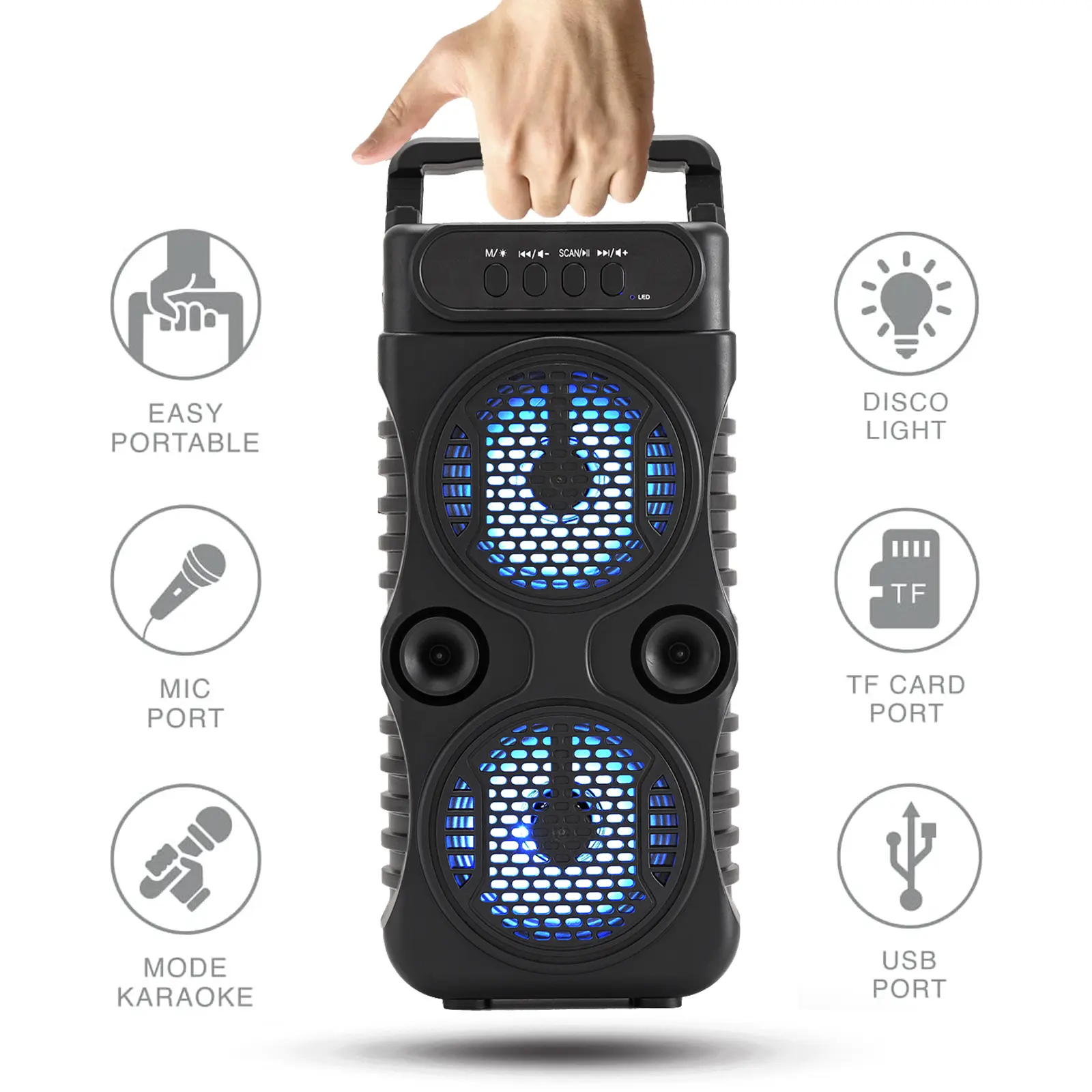 Dazone Portable Wireless Bluetooth Speaker - Dual 3" Subwoofer Heavy Bass Audio Device, Rechargeable Karaoke Machine with Colorful Party Lights, USB Charging Cable, Portable Sound System
