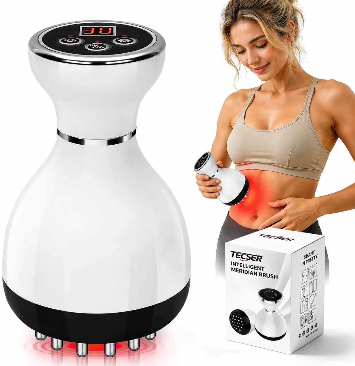 4-in-1 Heated Meridian Brush & Portable Muscle Massager with Handle, Improves Circulation & Promotes Deep Tissue Relaxation - 4 Modes, 30 Levels, Portable Muscle Massagers, 4-In-1 Handheld Massage Devices