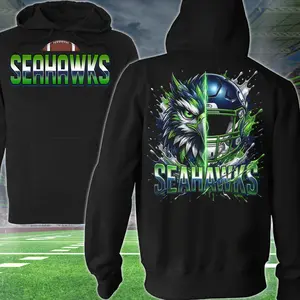 Seahawks Man Football 2 Sided Hoodie, Football Player Sweatshirt, Sports Apparel, Green & Navy Helmet Pullover Classic T-shirt, Graphic Printed Streetwear Top, 100% Cotton, Gift For Fans