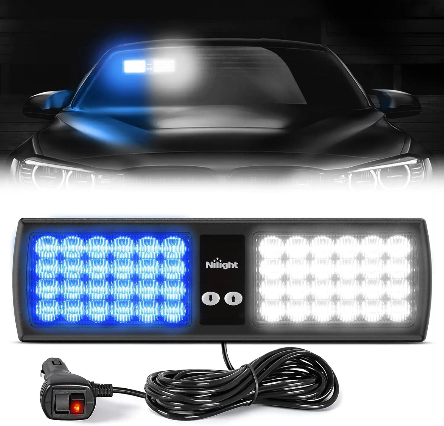 Nilight 48-LED Super Bright Windshield Light Bar - 12v-24v Visor Interior Strobe Module, Blue-White Illumination, Velcro Straps for Automotive, ATV Use in Snowy Conditions, Windshield Lights Bars