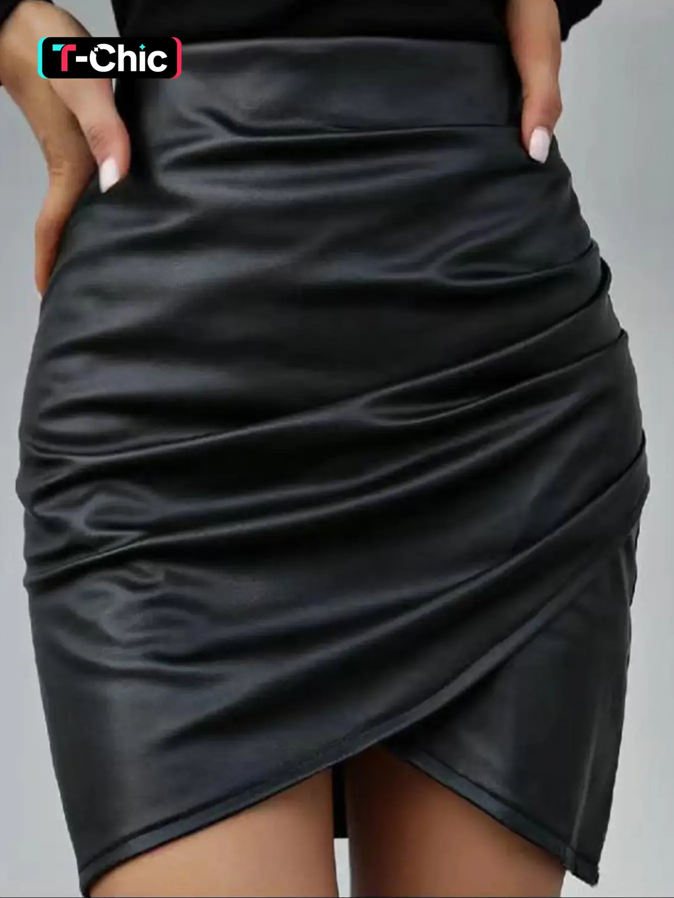 Women's High Waist PU Bodycon Skirt, Elegant Fashionable Plain Pleated Design, Spring & Fall Short Slim-Fit Half-Length Dress