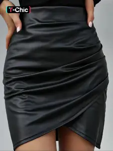 Women's High Waist PU Bodycon Skirt, Elegant Fashionable Plain Pleated Design, Spring & Fall Short Slim-Fit Half-Length Dress
