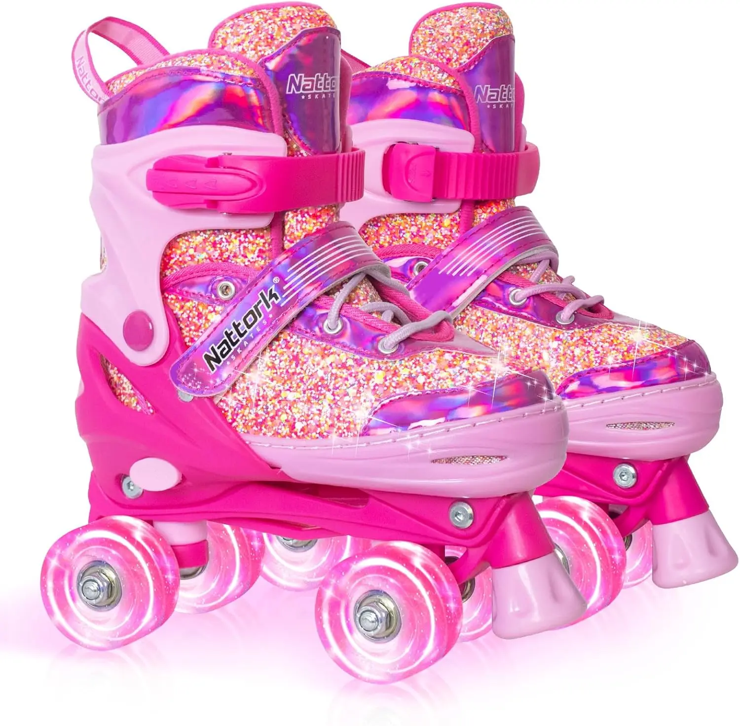 Nattork Kids Adjustable Roller Skates for Girls (Ages 3-12, 4 Sizes) - Light-Up Wheels, Safety Protection, Dual Brakes, Fun Physical Exercise - Cool Gifts for Kids for Indoor Outdoor Sports