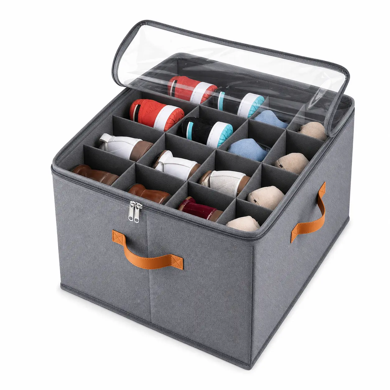 Foldable Shoe Organizer for Closet with Clear Zippered Lid, Adjustable Dividers and Carry Handles, Large Fabric Shoe Storage Box for Sneakers, Flats and Sandals, Space-Saving Bedroom, Entryway and Dorm Organizer