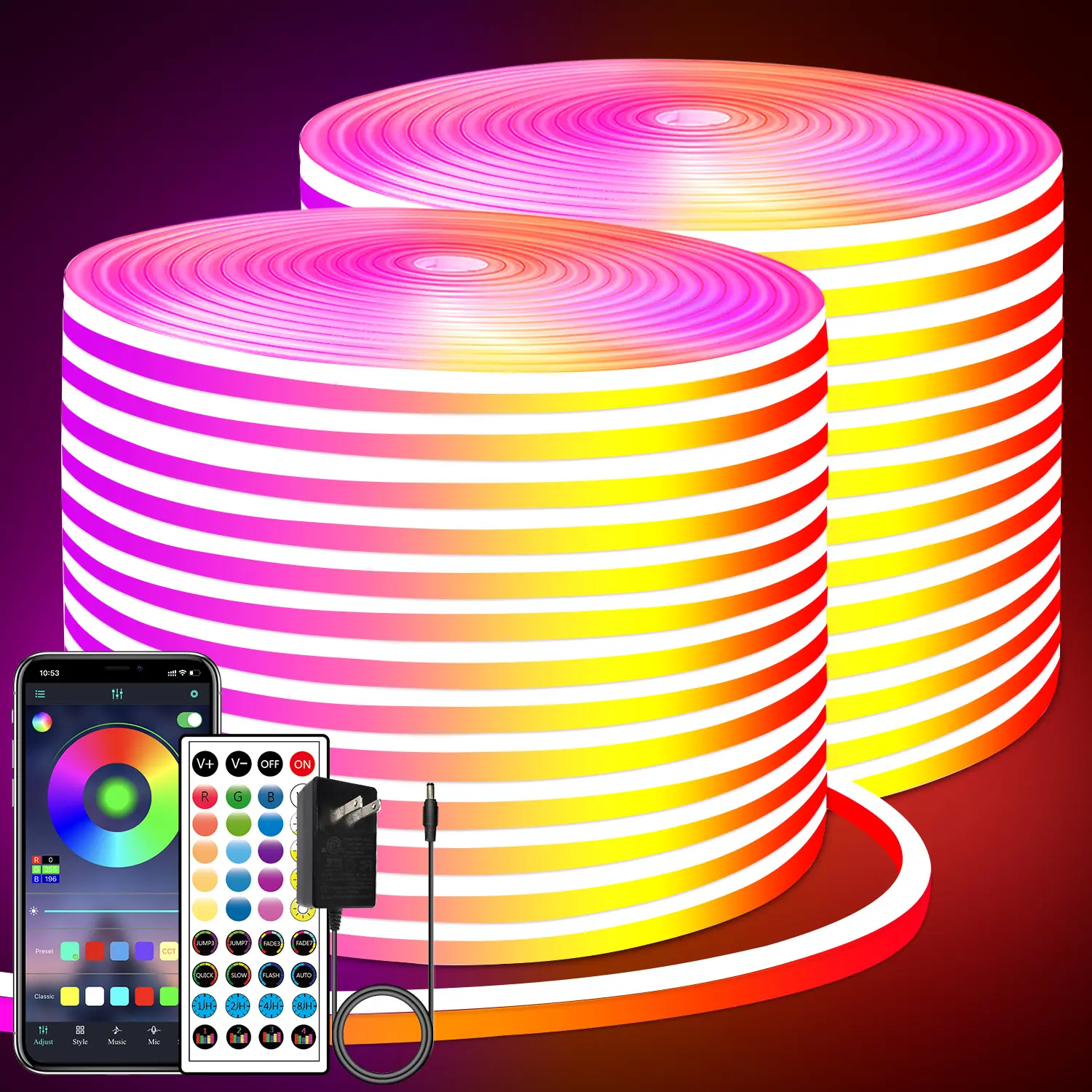 Yocrostar 132FT DC 24V Waterproof RGB Flexible Neon Rope LED Strips (2 Rolls of 66FT) - APP & Remote Control, Smart Color-Changing Mood Lights, Glow Flexible Light Signs for Bedroom, Indoor/Outdoor Decor, Led Lights