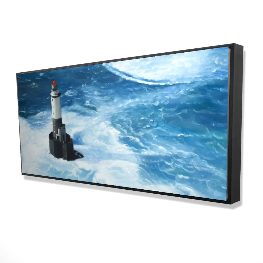 360 Stand Marine Framed Canvas Art, 24x48 in. Unleashed Waves on a Lighthouse, Adventure-Inspired Artistic Artwork for Home Decoration & Gifting, Gift, Print