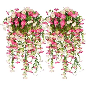2 Artificial Hanging Violet and Eucalyptus Flowers - UV Protective, Rainproof, Vibrant Orange Flowers with Green Leaves, Indoor/Outdoor Decoration, Suitable for Weddings, Porch, Patio, Garden Decoration, Courtyard Decoration