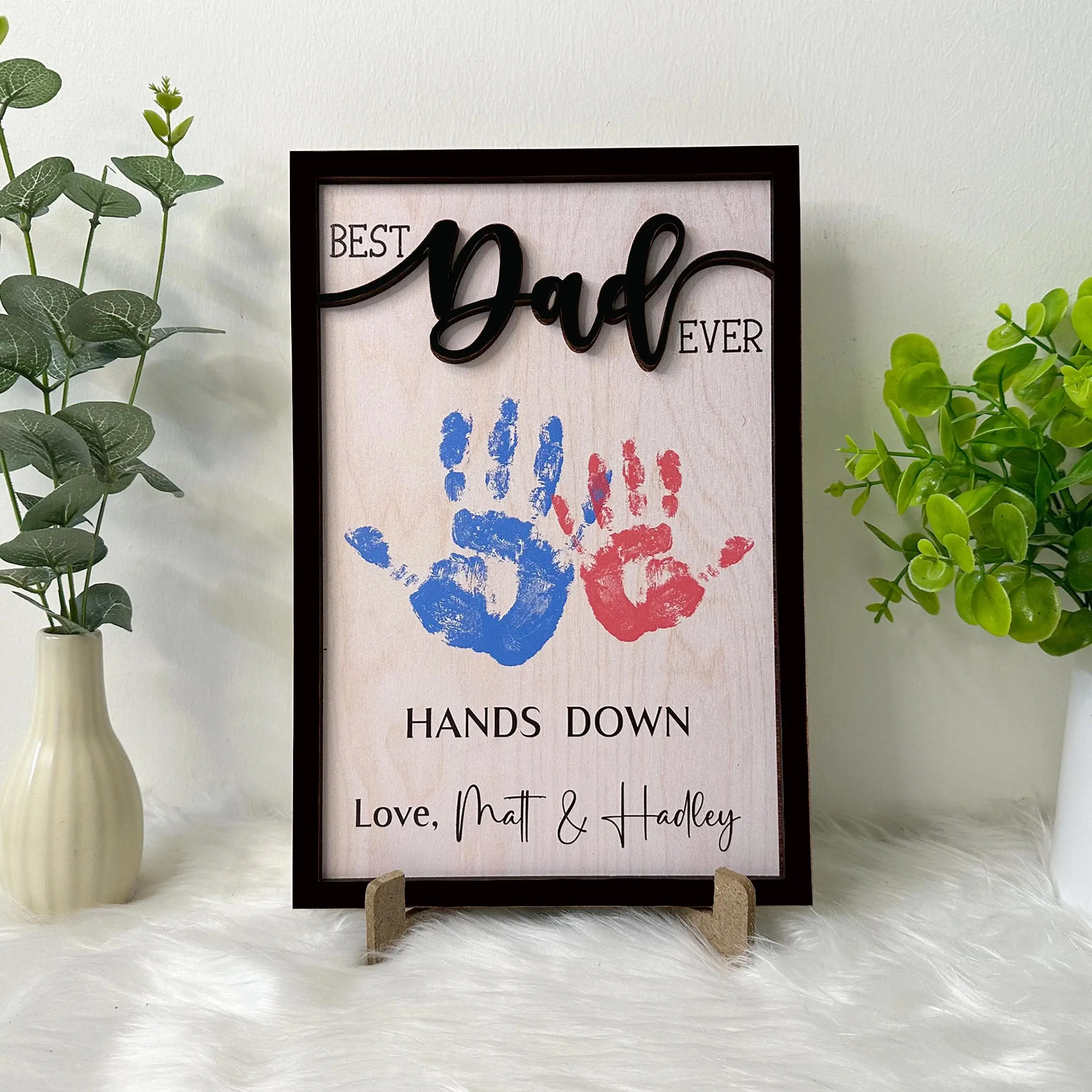 Custom Engraved Wooden Handprint Decor Sign - Personalized Best Dad Ever, Classic Double Layer, Father's Day 2026 Gift Giving Item (PAINT NOT INCLUDED), Handprints
