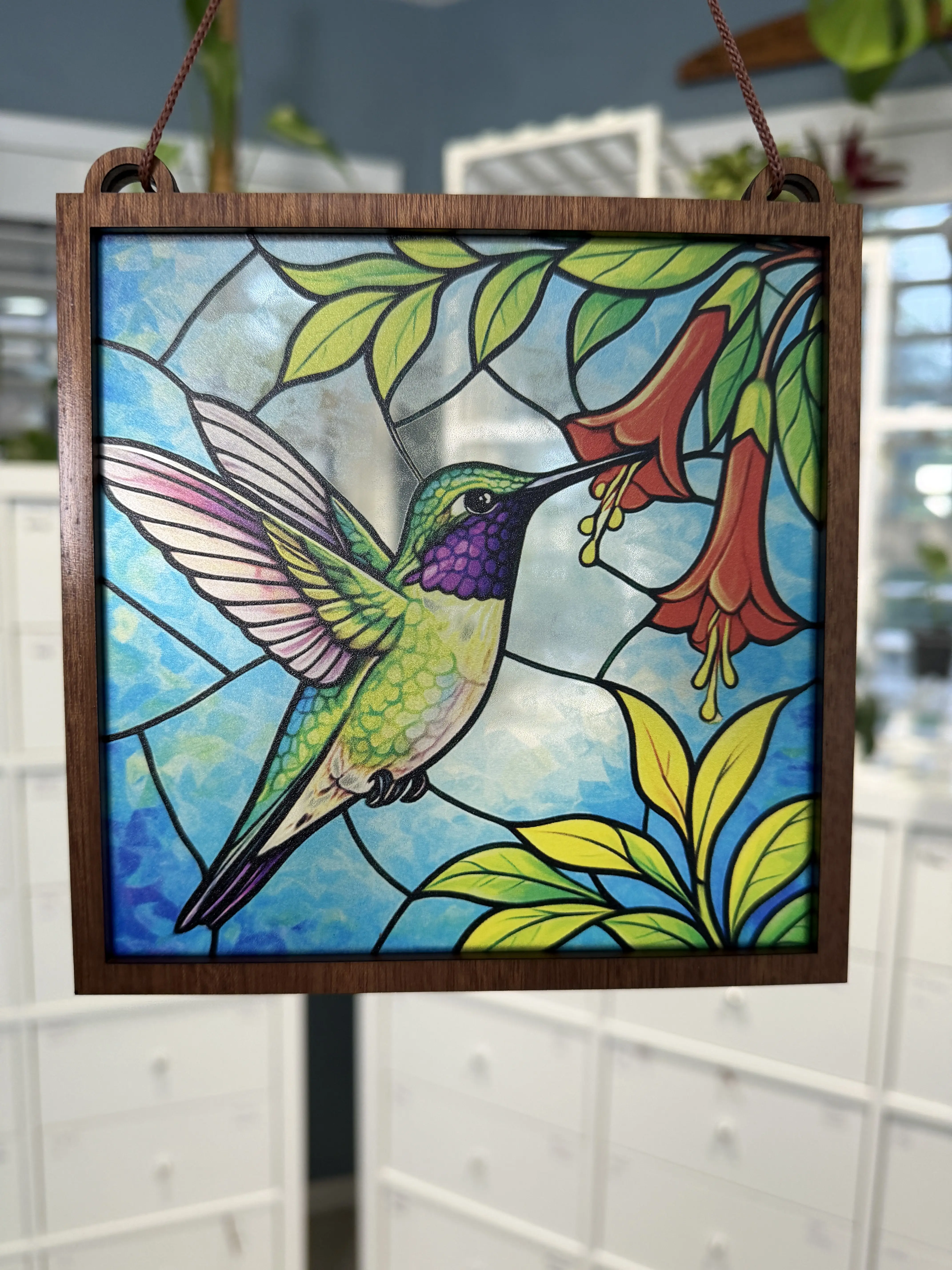 Large Hummingbird Square Suncatcher for Sunny Window