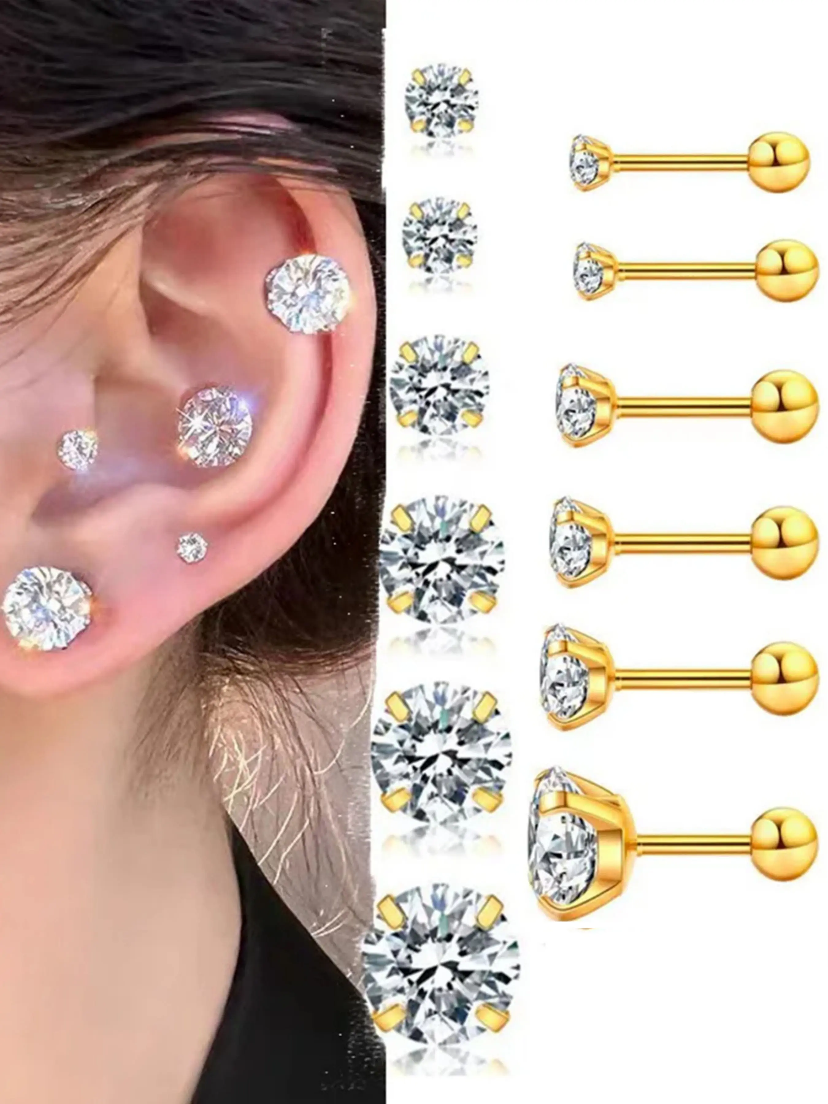 2/6/12pcs 20G Inlaid Cubic Zirconia Stud Earrings,Stainless Steel Screw Back Barbell Studs Daith Tragus Cartilage Earrings Earring Stacking Set