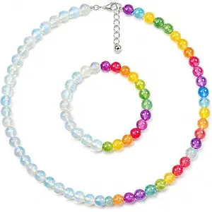 Virelyn B Dopamine Necklace Bracelets Set UV Reactive Color Changing Beaded Choker for Women Rainbow Stone Necklaces Bracelets Waterproof Summer Beach Jewelry Vacation Outfit