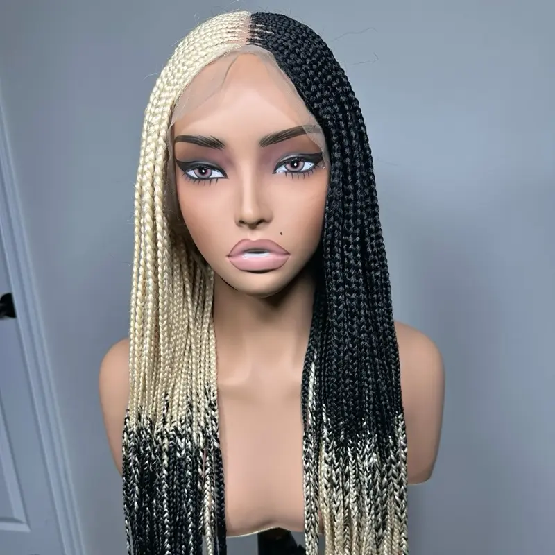 Cornrow Braided Full Lace Wig for Women's Fashion, 2-Tone Blonde-Black Center Parted Style, Easy to Wear Glueless Design