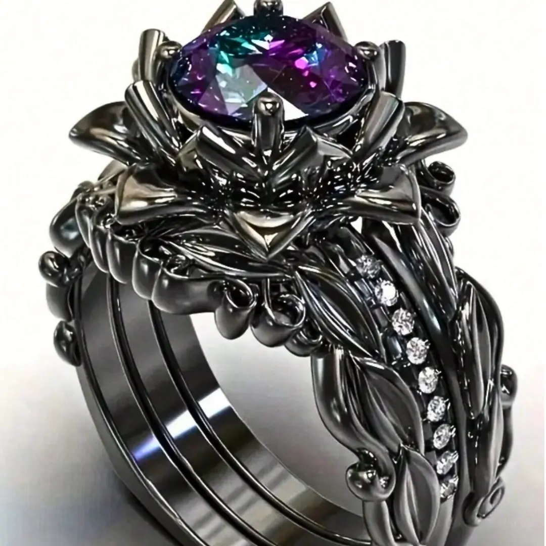 Luxury black flower and leaf design 3 ring set with rainbow cubic zirconia, elegant royal style engagement and anniversary fashion jewelry for bride