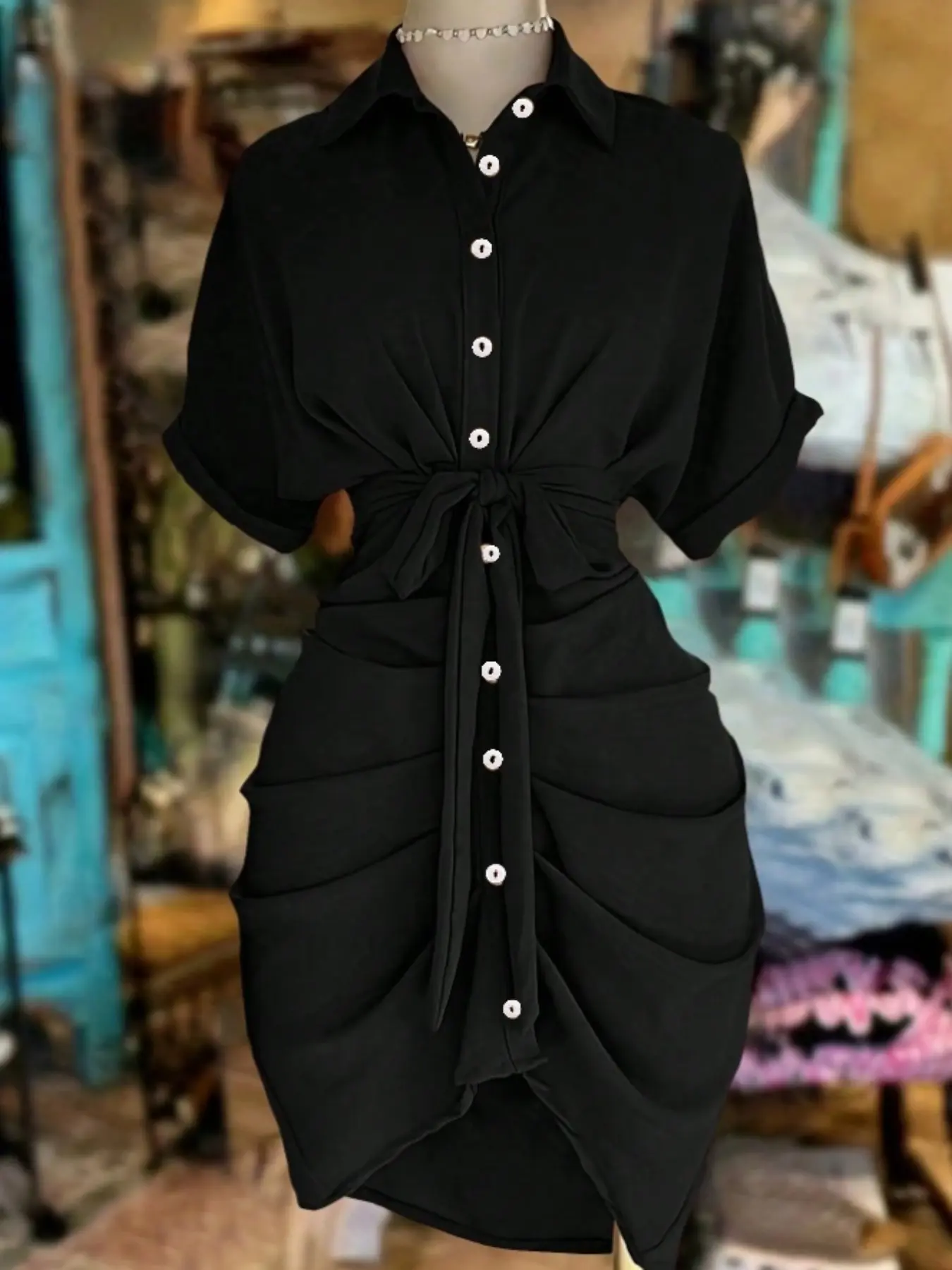 Women's Lapel Single-Breasted Belted Waist Short Sleeve Shirt Dress, Summer Fashion Casual Everyday Wear, Stylish Chic Women's Clothing, Style