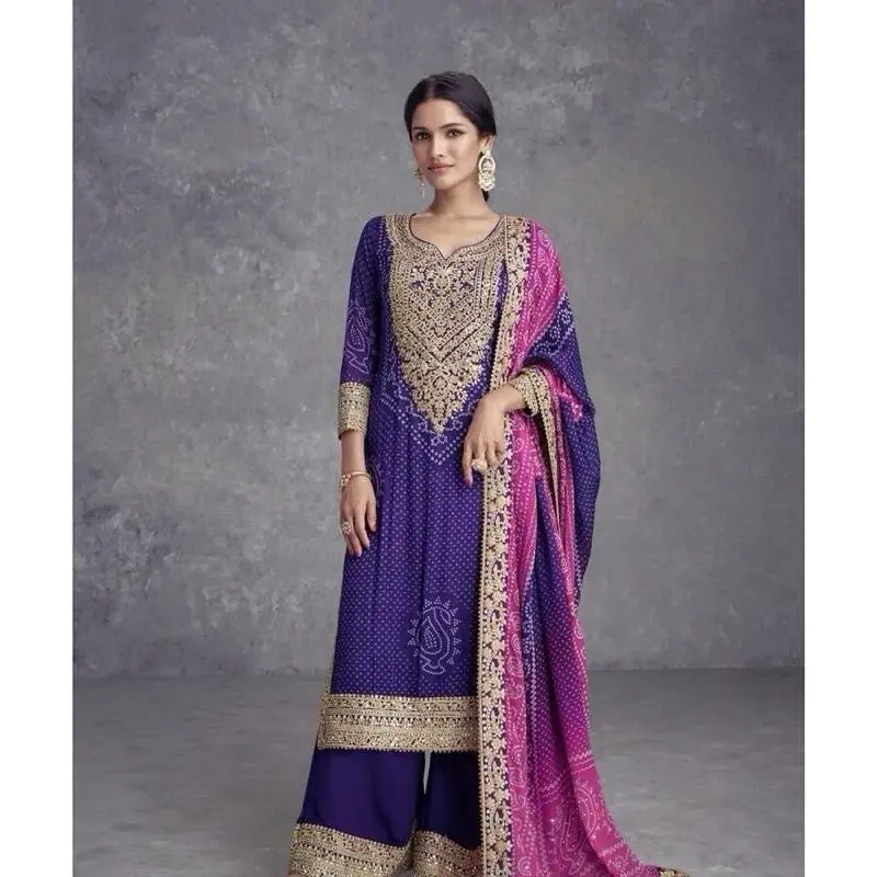 DESIGNER CHINON DIGITAL PRINTED EMBROIDERY WORK TOP PALAZZO WITH DUPATTA Womenswear