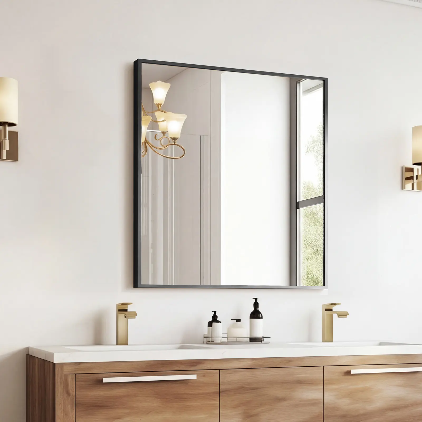Framed Wall-Mounted Bathroom Vanity Mirror, Tempered Glass Anti-Distortion Mirror, Horizontal-Vertical Mountable for Bathroom, Entryway