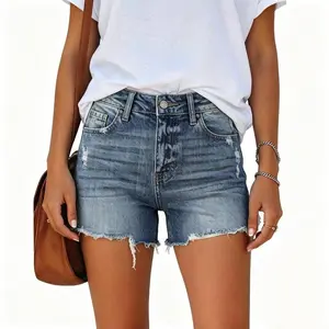 Womens Mid-High Waisted Jean Shorts Ripped Cutoff Denim Shorts Stretchy Summer Short Pants