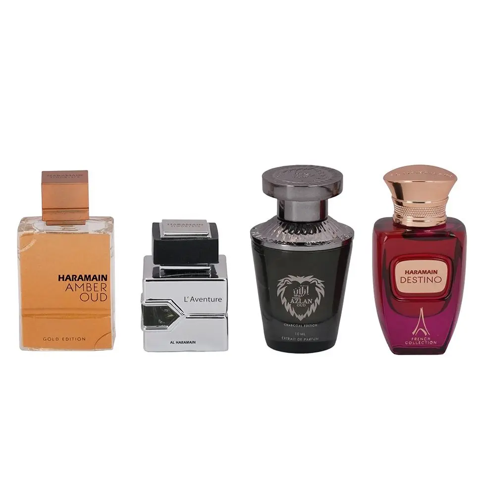 Al Haramain 4-piece Gift Set for Unisex (10 Ml Amber Oud Gold Edition + 10 Ml  L'aventure + 10 Ml  Azlan Oud Charcoal Edition + 10 Ml Destino)