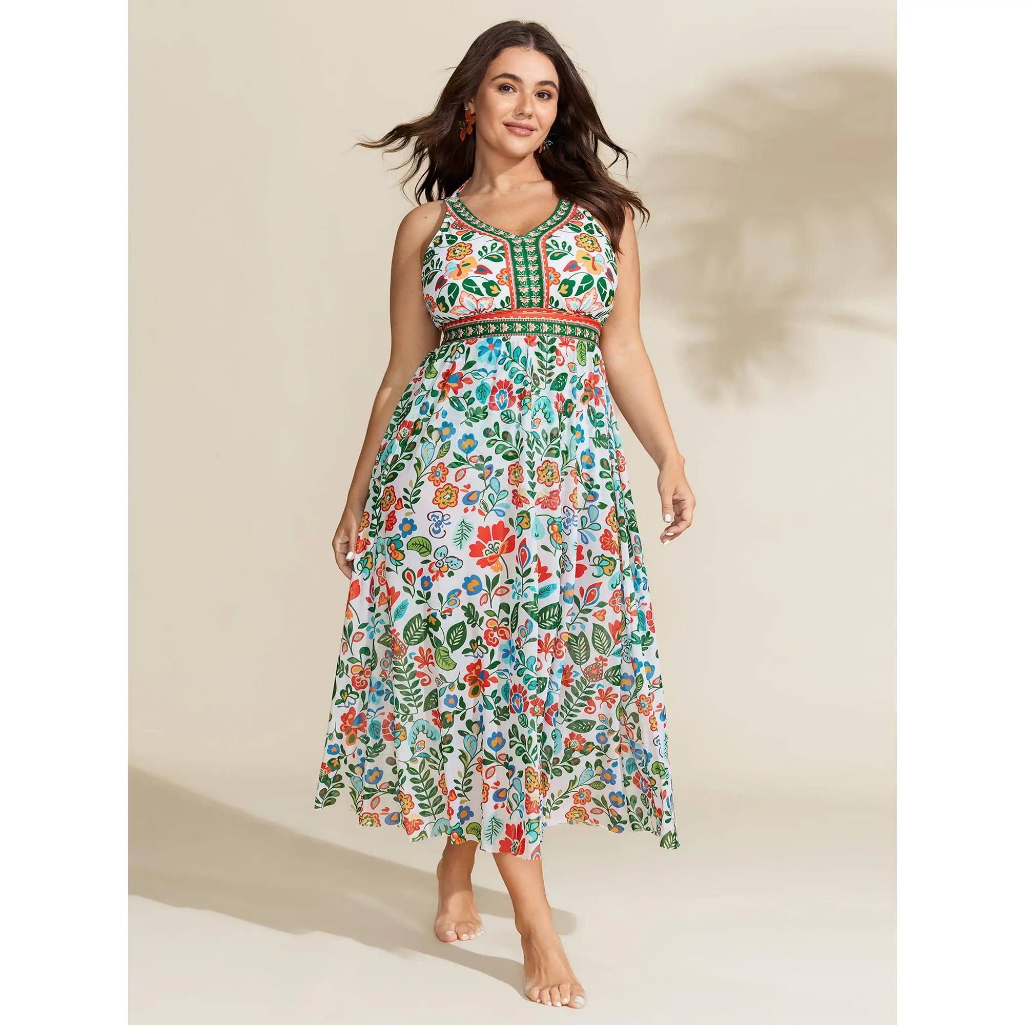 Plus Size 2-Piece Tunic Swimsuit Set, Floral V-Neck 1-Piece with Sarong Cover-Up, Tummy Control, Removable Padding, Swimsuits, Plus Size Swimsuits