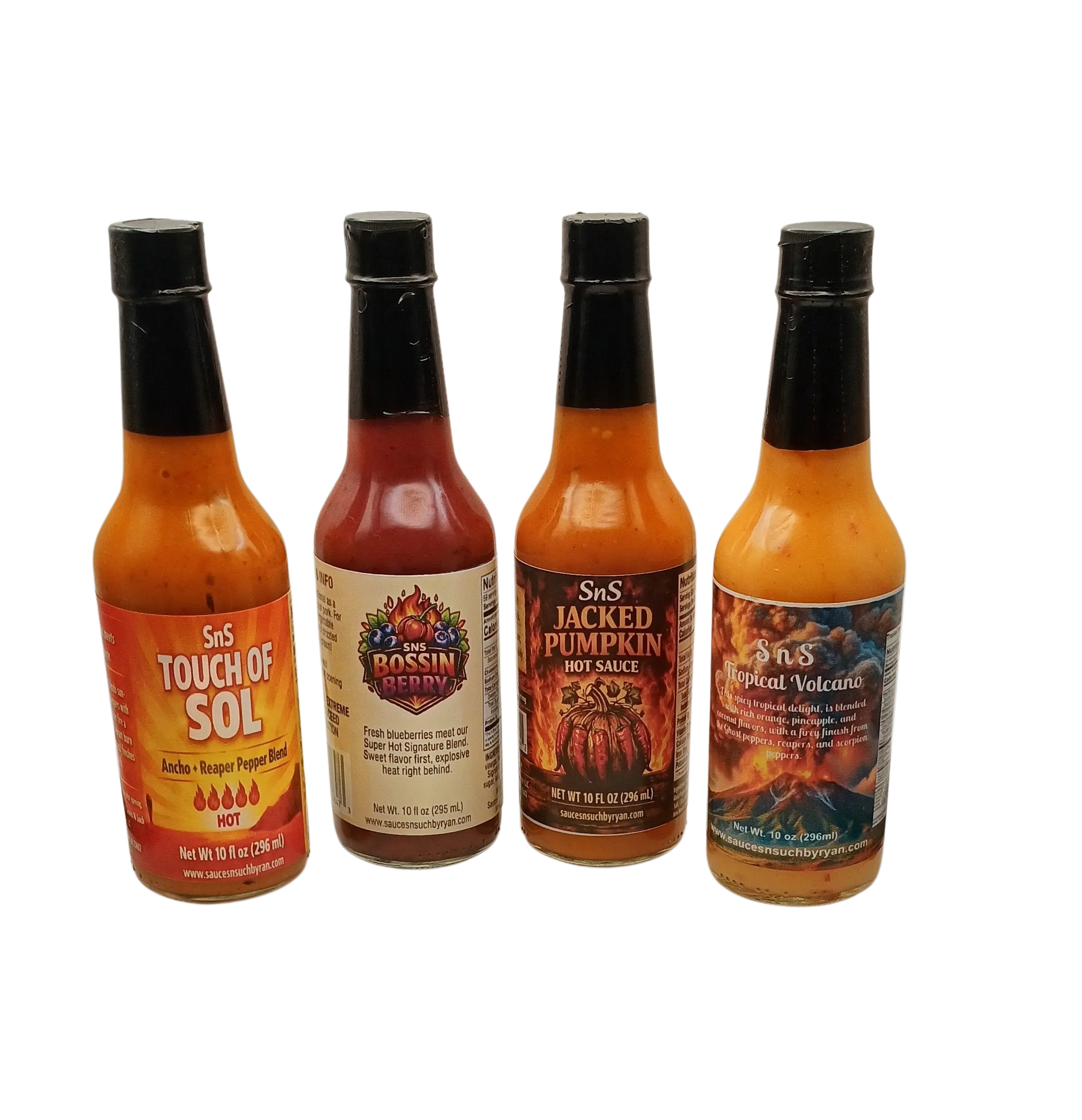 SnS Super Hot 4‑Pack – Premium Craft Hot Sauces Featuring Touch of Sol, Bossin Berry, Jacked Pumpkin and Tropical Volcano – Bold Flavor + Serious Heat