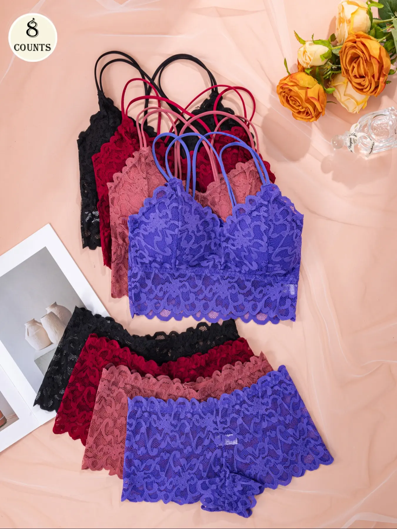 Women's Contrast Lace Backless Wireless Bralette Bra & Panty Underwear Set, Sexy Elegant Comfy Soft Breathable Fitted Pink Lingerie Set for Daily Wear, Underwear Set for Women, Medium, Womenswear, Bra Sets