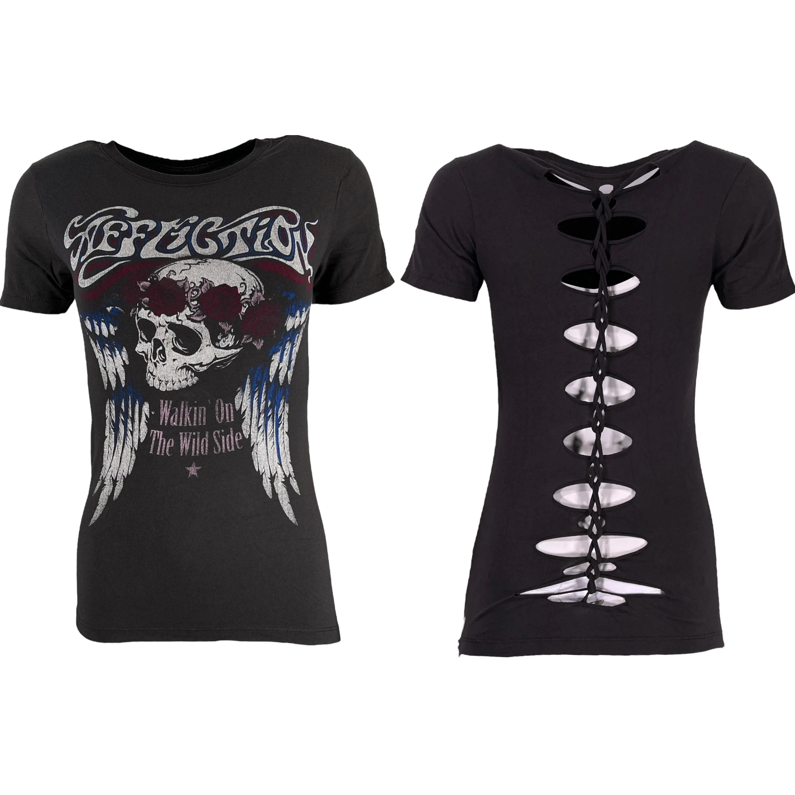 Affliction Women's Dream On Graphic T-Shirt, Short-Sleeve 100% Cotton Top with an Alternative Gothic Biker Style, Shortsleeve, Tshirt, Streetwear, Round Neck, Lady, Graphic Print