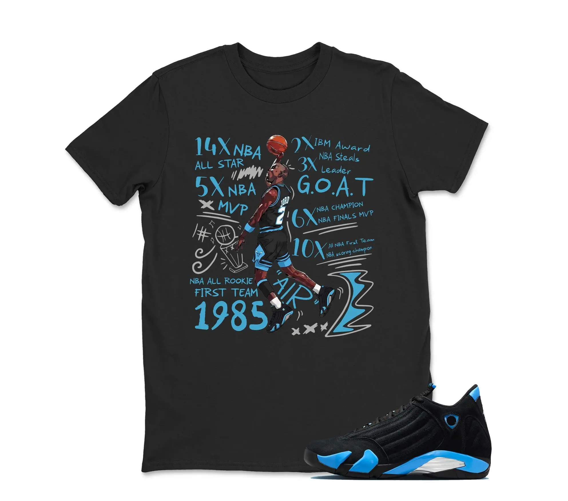 AJ14 Black University Blue Matching Shirt, MJ GOAT Dunk Graphic Tee, Rap HipHop Unisex T-Shirt, Gift For Women and Men, Best Gift