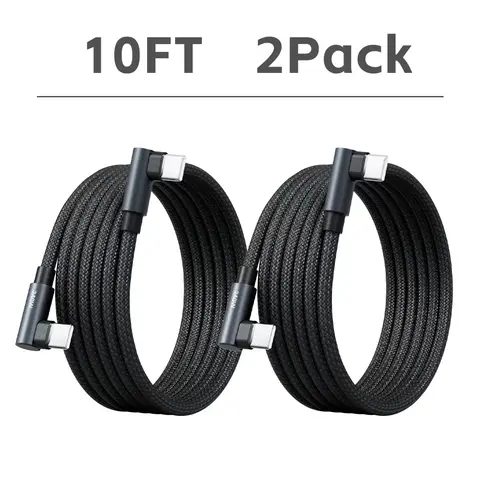 240W USB-C C-Type Long Cord Cables (2-Pack, 10FT), Right Angle High-Power Multi-Device Fast Charging Sync Cord with E-Marker Chip, iPhone-Compatible Cables for iPhone 15/16/17, Samsung Galaxy, iPad, Pixel