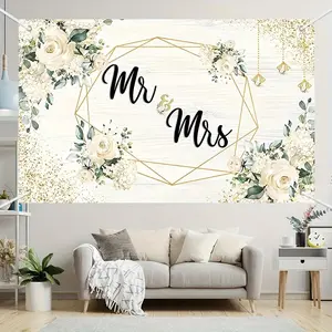 1PC Polyester Wedding & Birthday Backdrop Banner - 2D Flat Mr & Mrs Flower Geometric Hanging Cloth, Reusable Tapestry with Retro Wood Grain Gold Flash, Indoor Outdoor Photo Background Wall Cloth