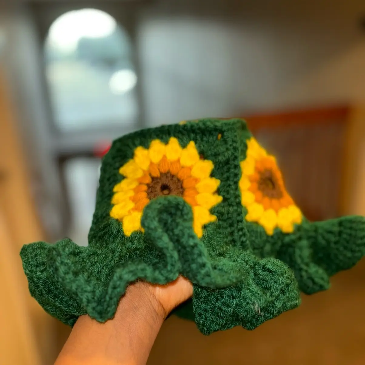 Double Layer Ruffle Sunflower Crochet Bucket Hat for Women