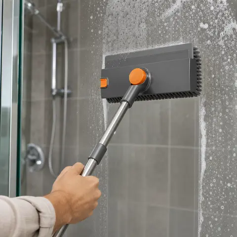 3-in-1 Heavy-Duty Floor Squeegee Broom - 17.7-54in Adjustable Long Handle, 360° Rotating Head, Stiff Polypropylene Bristles, Clip to Remove Hair, Scraper for Home, Courtyard, Deck Surfaces