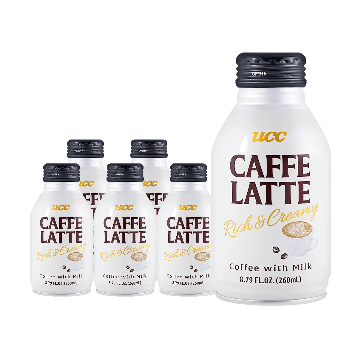 UCC Japan Iced Coffee Latte with Milk - 6 Pack (260ml x 6) - Ready-to-Drink Japanese Cafe Au Lait