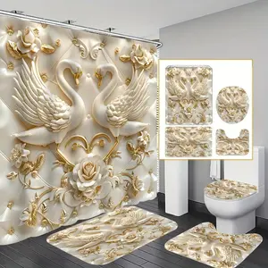 Swan Pattern Bathroom Decorations, 4 Counts/set Including & Toilet Lid Cover & Mat & U-shaped Mat, Restroom Bathroom Accessories, Shower Curtain Sets