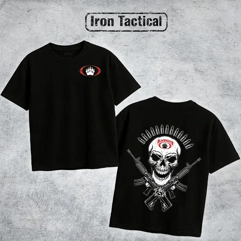 Iron Tactical Blackwater Bullet Crown Skull  Logo T Shirt, Retro Tactical Logo Graphic Tee Outdoor Sports Apparel Gift Men