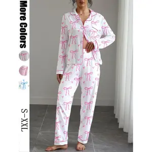 Women's Cute Bow Print Pajama Set, Fall & Winter Casual Homewear, Soft Elastic Fabric, Long Sleeve Shirt Collar Top & Pants, Womenswear