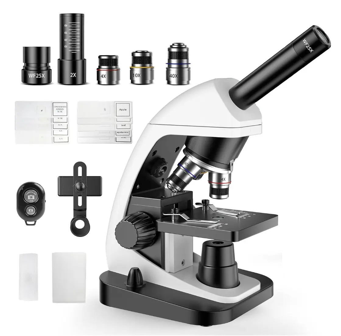 Lab-Grade Monocular Compound Microscope, 2000X High Magnification Teaching Instrument for Students & Adults, with Phone Adapter, Slides Set, Carrying Bag, Black