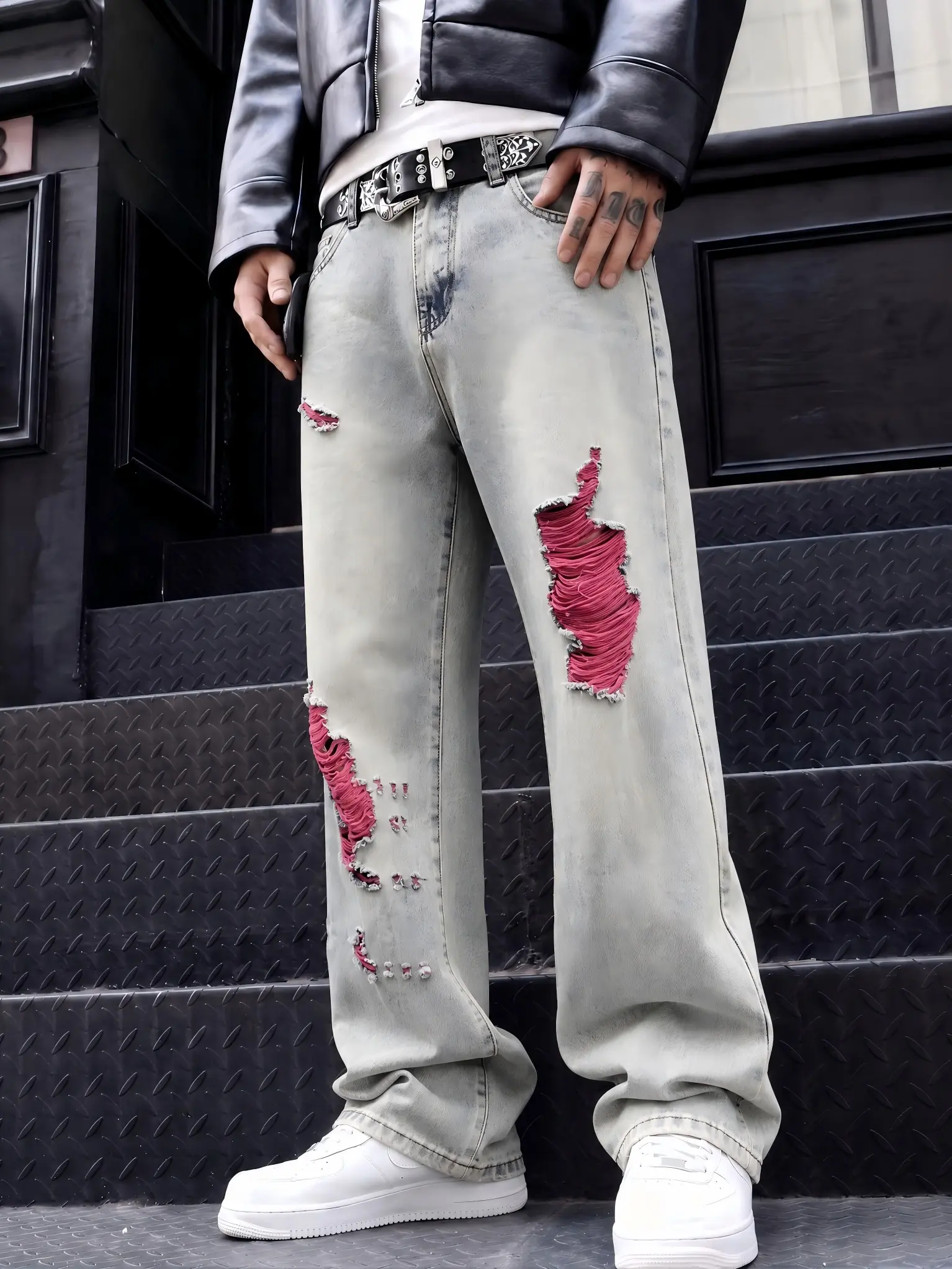 Men's Oversized Loose Straight Denim Jeans with Pink Patchwork - Hand-Frayed Cotton Fabric Trousers, Streetwear Vibe for Halloween, Thanksgiving & Easter Outfits