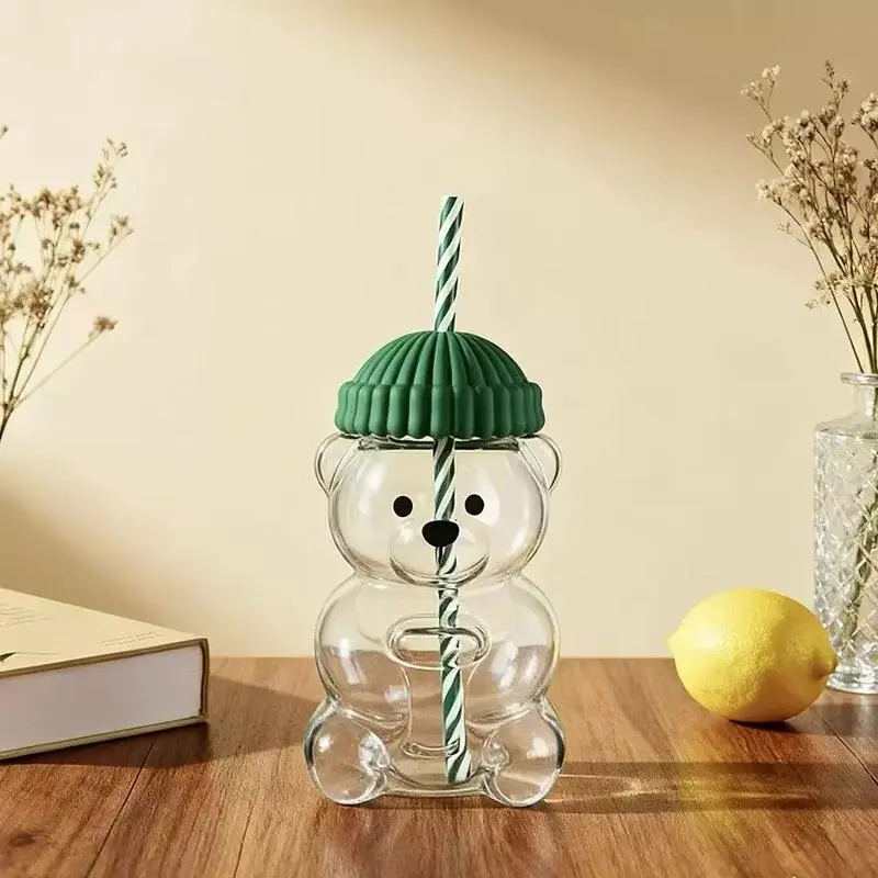 Glass Starbear Teddy Bear Water Bottle with Beanie Lid, Multiple Colors, Unique Design, Portable Reusable Washable Drinkware for Daily Use & Gifting, Water Bottles