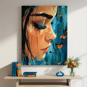 2D canvas, [2D] 1-piece canvas painting set - Vibrant abstract face with blue and orange splashes, 12x16inch, with frame - Suitable for home, office, cafe decoration - Ideal for bedroom, living room, bathroom, and living room art | Abstract art | Durable